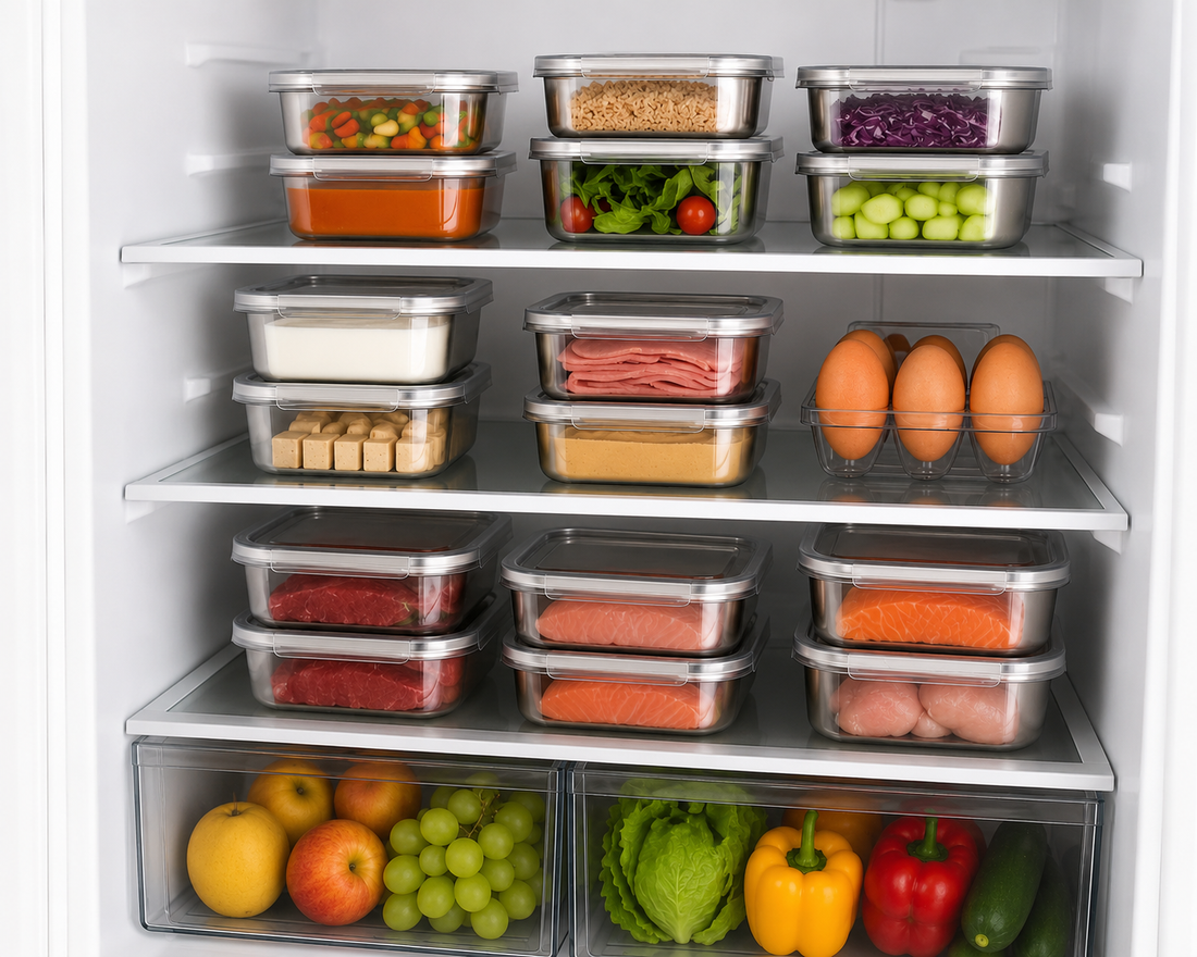 Frigo organisé par zones avec bacs de rangement transparents : plats préparés en haut, produits laitiers au milieu, viandes et poissons en bas, fruits et légumes dans les tiroirs